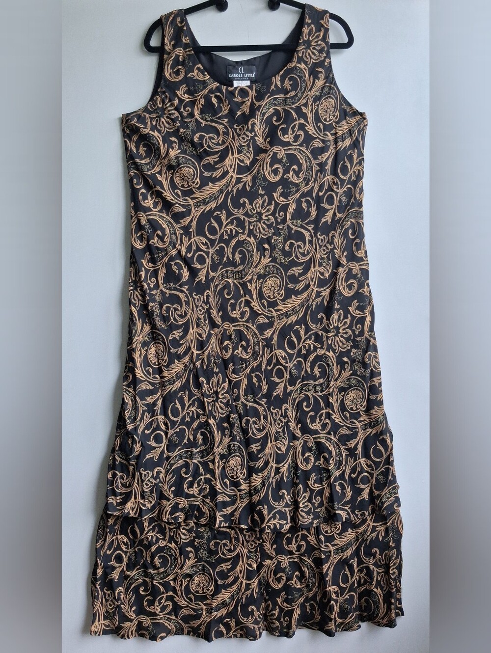 Vintage 90s Carole Little Maxi Dress Size 14 Black Gold Paisley Scroll Tiered